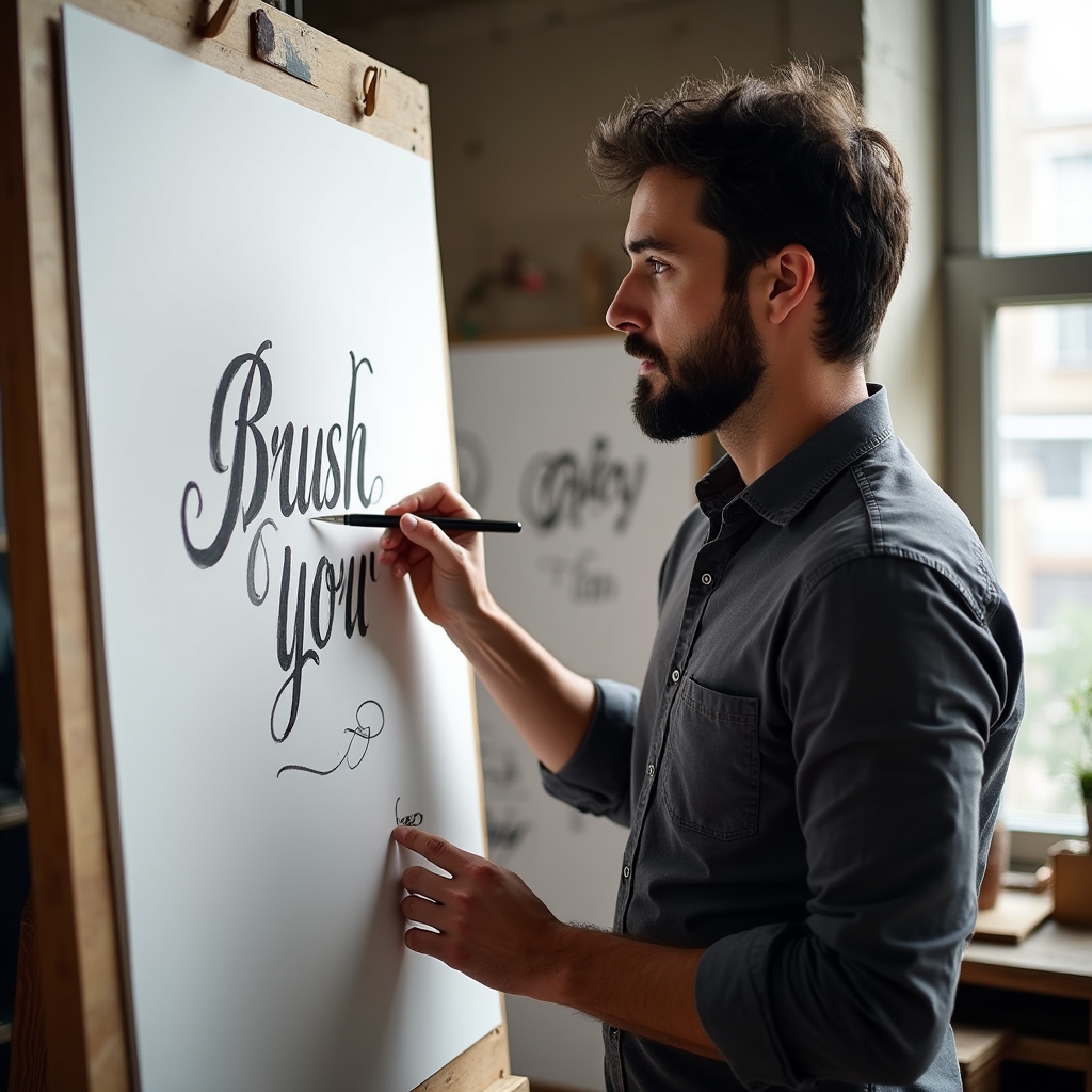 Prowadzący warsztaty Brush Lettering przy pracy z pędzlem na dużym arkuszu